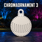 Boscoyo ChromaOrnament 3, an unlit white round coro ornament with top loop and original lower matrix of empty pixel holes.