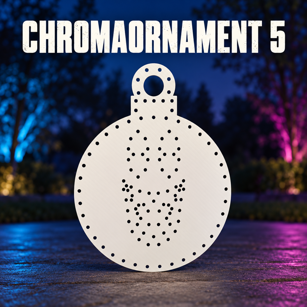 Boscoyo ChromaOrnament 5, an unlit white round coro ornament with its original singing-face empty pixel holes.