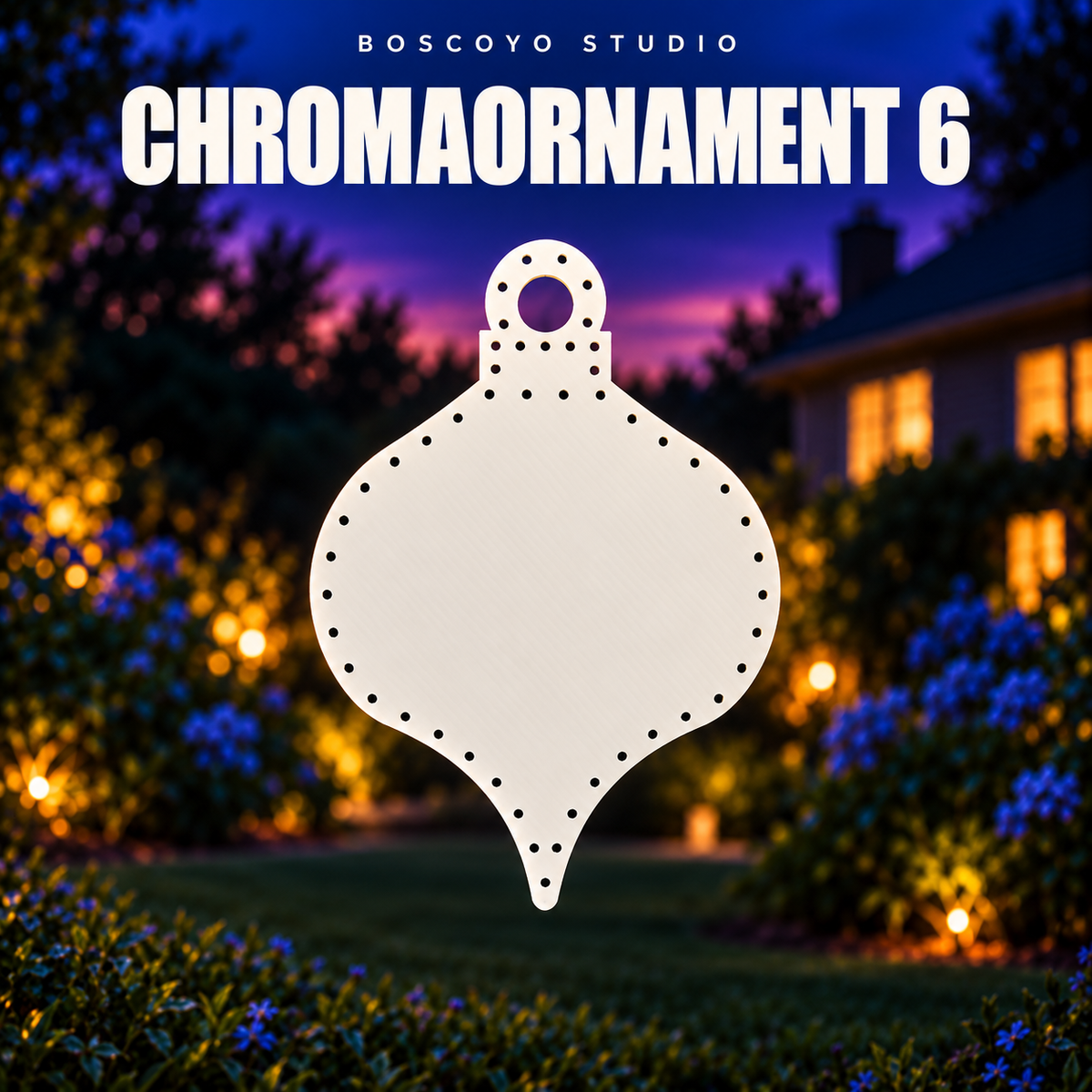 ChromaOrnament 6 bare white coro prop with empty pixel holes in an evening yard setting