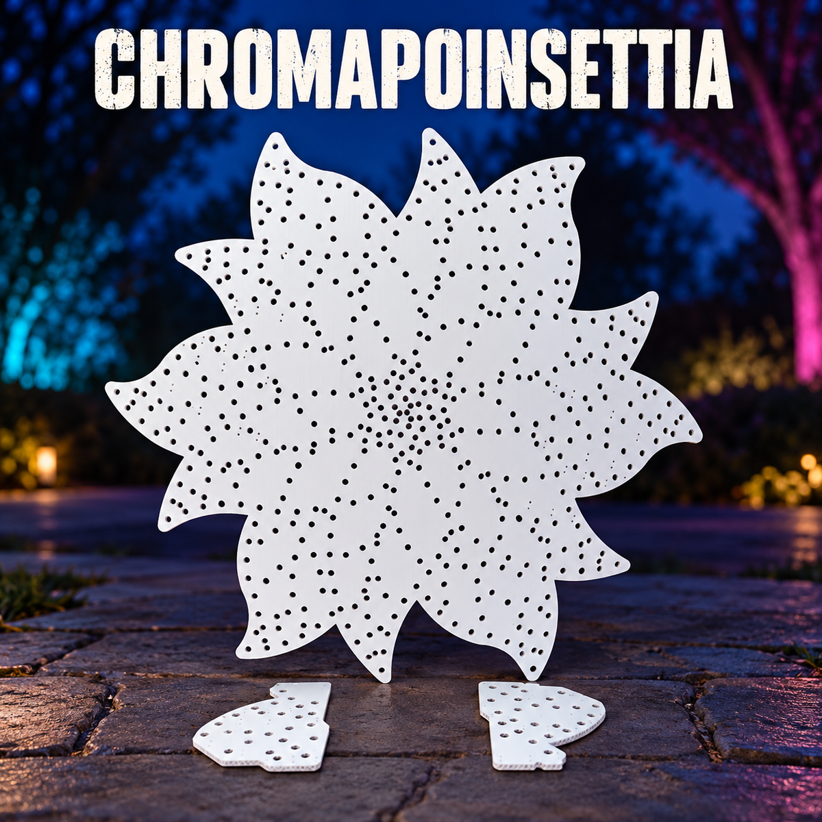 Boscoyo ChromaPoinsettia, an unlit white coro flower prop with its original dense empty-hole pattern and two included separate white backer plates.