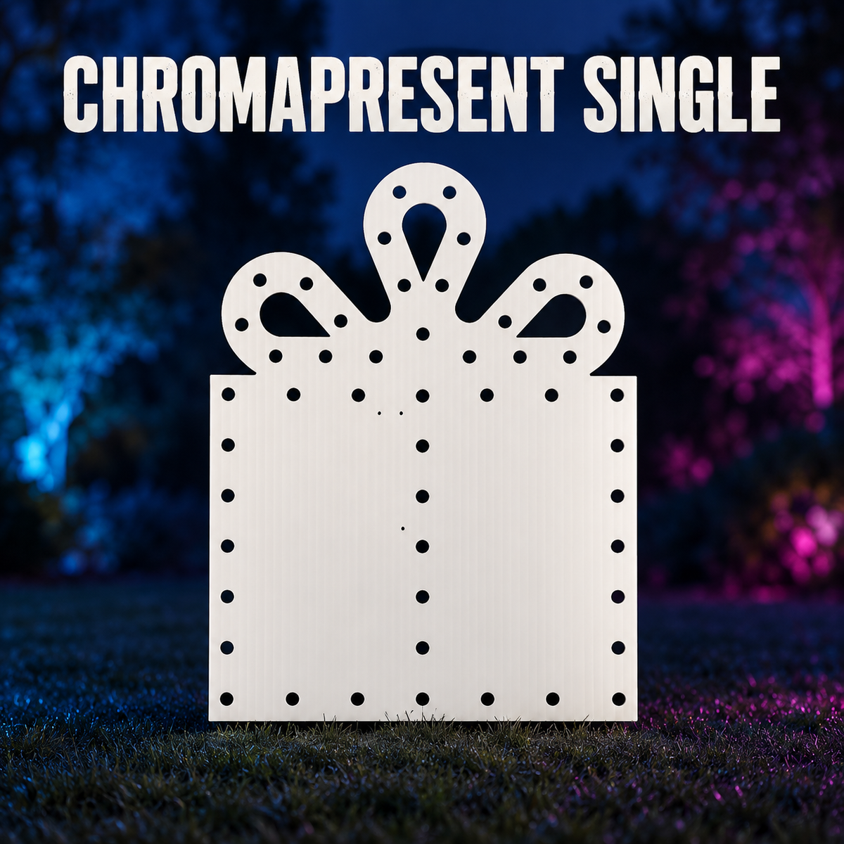 Boscoyo ChromaPresent Single, an unlit white flat coro gift silhouette with a three-loop top bow and original empty pixel holes.