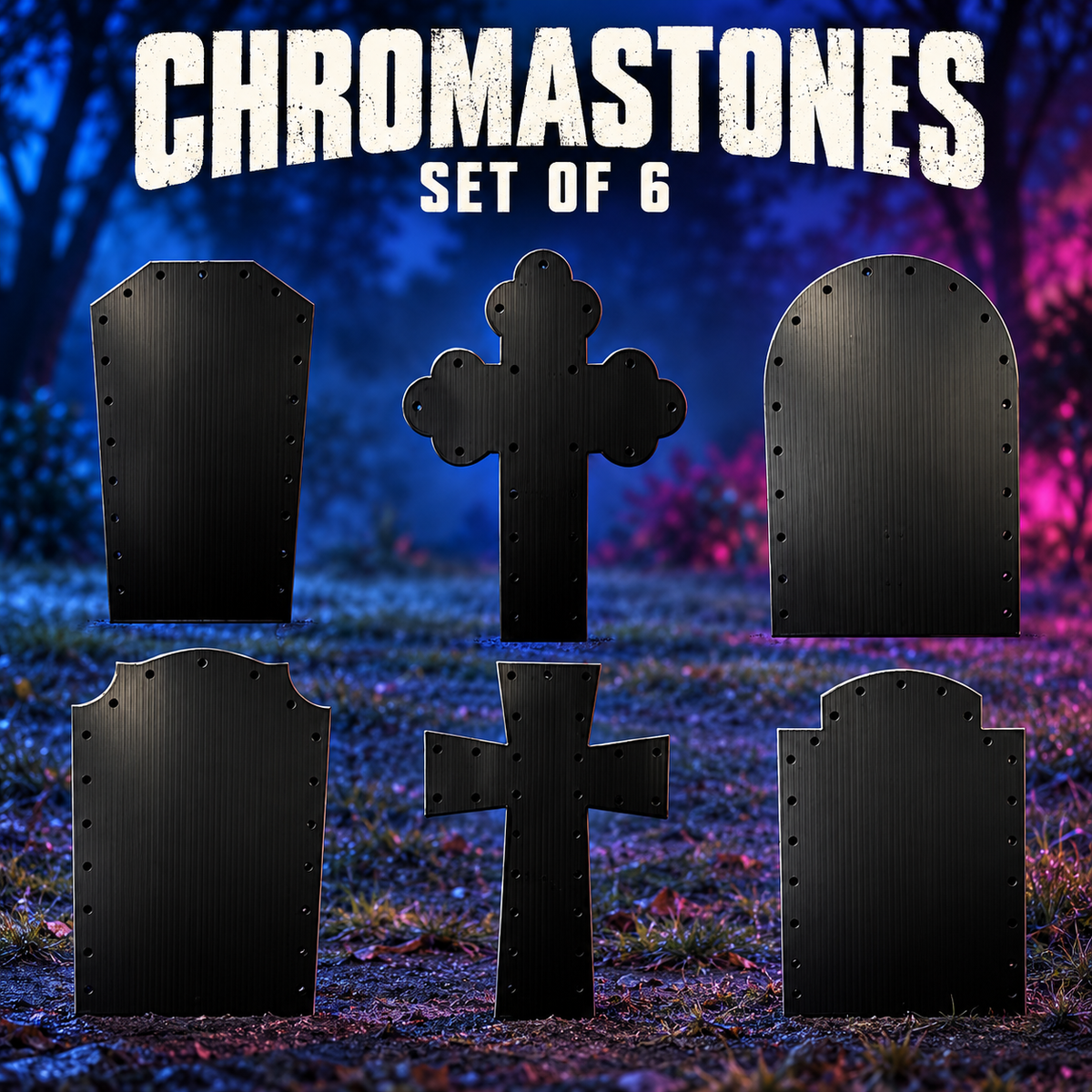Boscoyo ChromaStones set of six unlit solid-black coro tombstones with six original silhouettes and empty perimeter pixel holes.