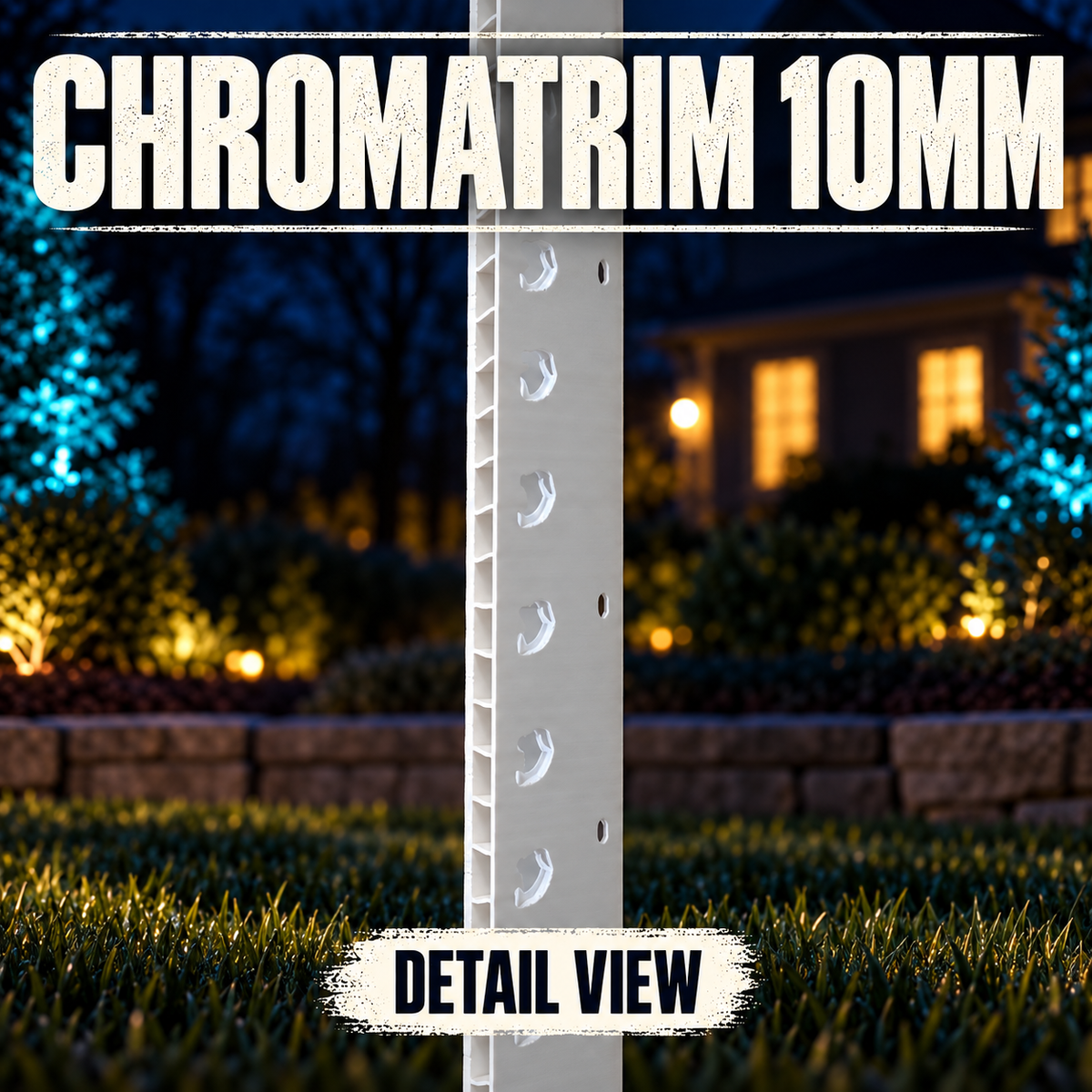 Detail view of Boscoyo white 10mm ChromaTrim, showing the corrugated edge, original node openings and mounting holes.