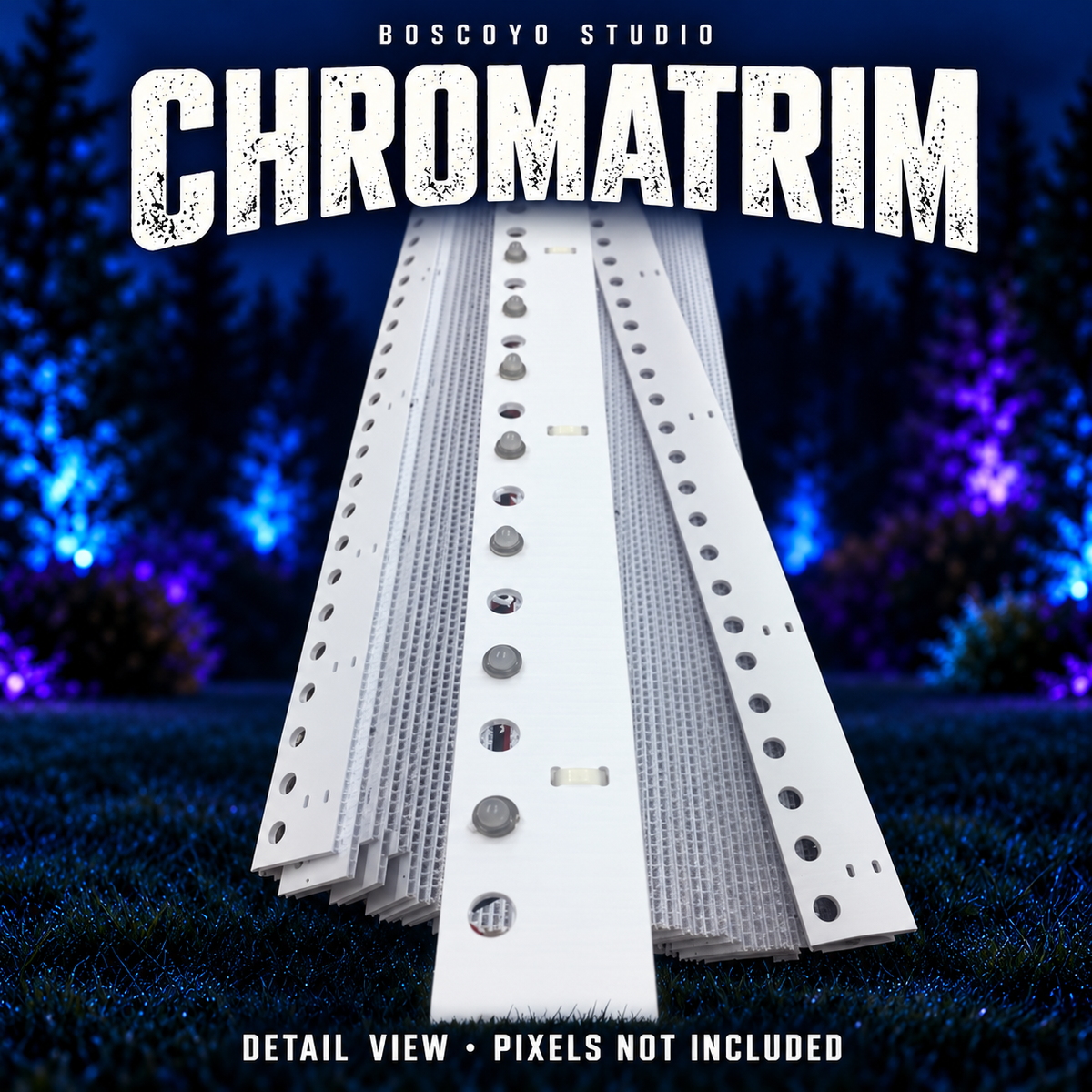 Detail view of white Boscoyo ChromaTrim strips showing empty mounting holes and example pixel nodes; pixels not included.