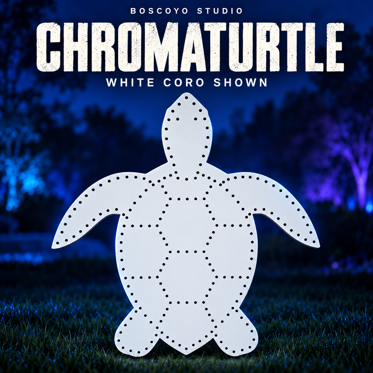 ChromaTurtle by Boscoyo Studio, original unlit coro prop on a dark blue evening yard background.