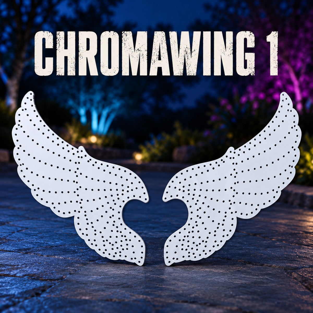 Boscoyo ChromaWing1, a pair of unlit white coro wings with their original feather contours and empty pixel holes.