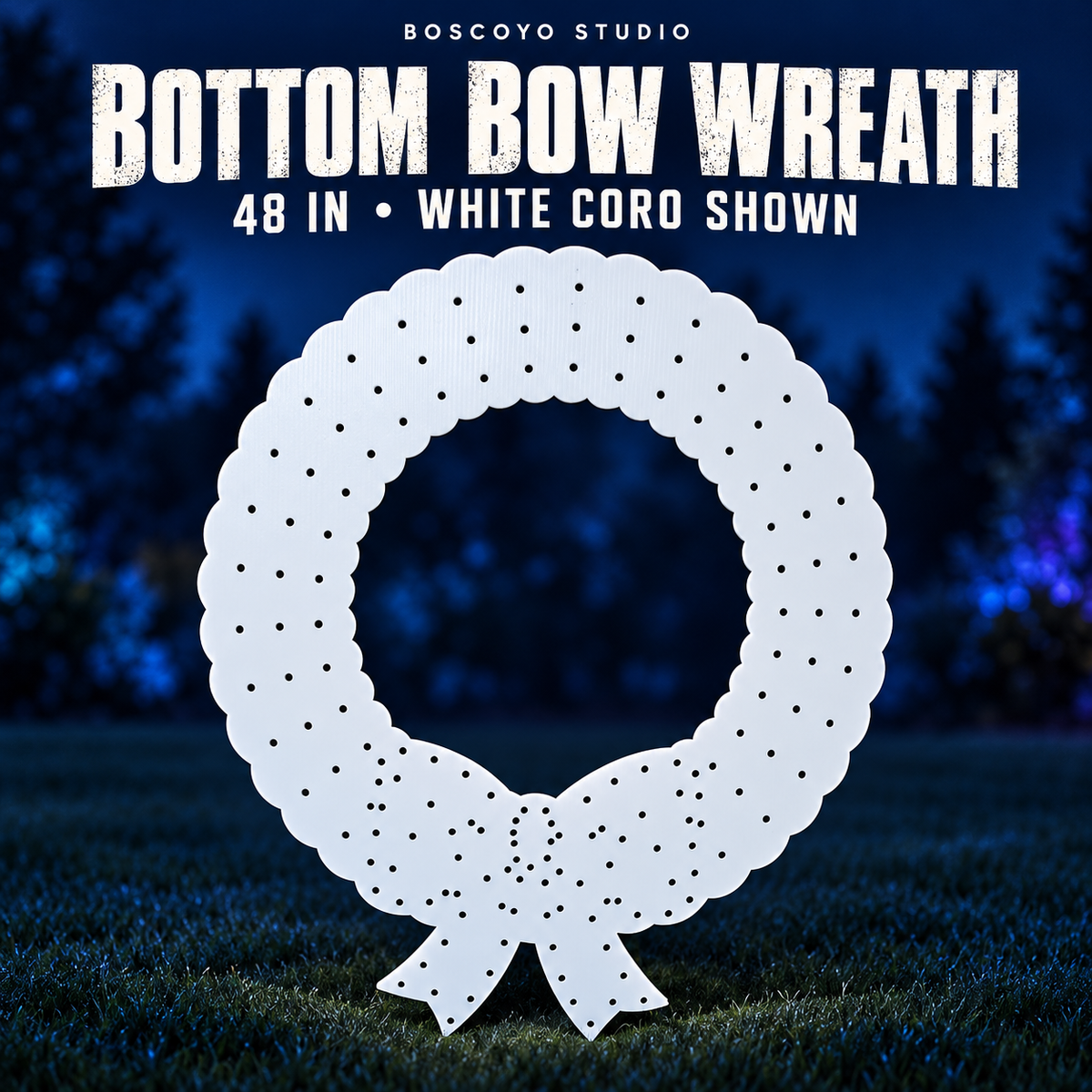 ChromaWreath Bottom Bow 48" by Boscoyo Studio, original unlit coro prop on a dark blue evening yard background.