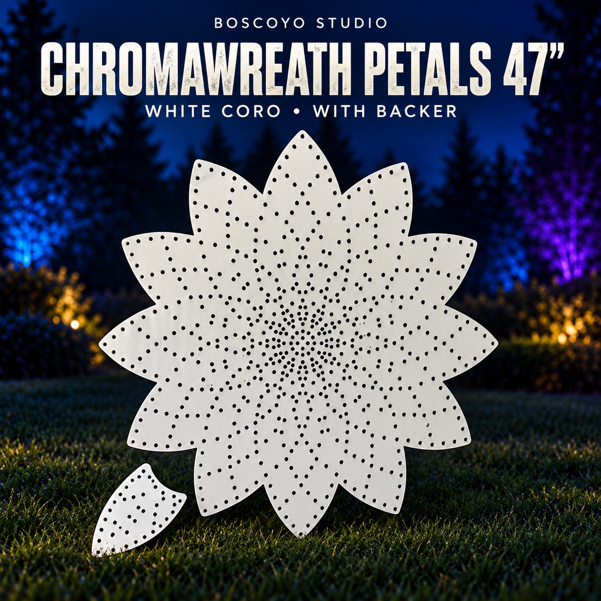 Boscoyo Studio ChromaWreath Petals 47-inch white coro with its separate backer, shown without pixels.