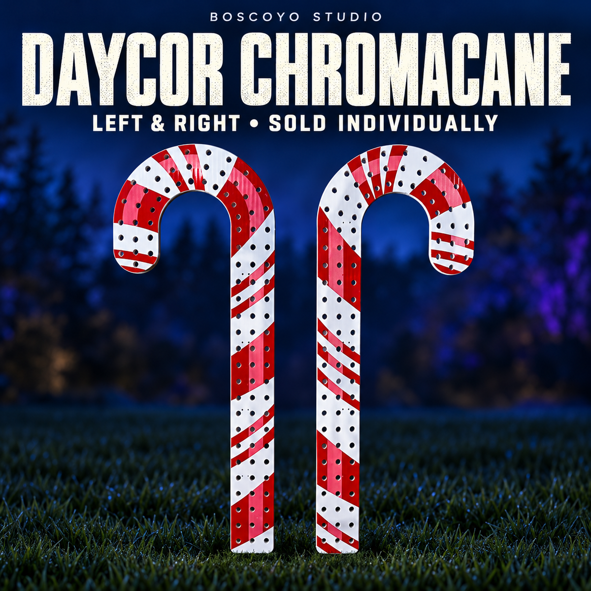 DayCor ChromaCane by Boscoyo Studio, red and white printed left and right candy-cane options shown unlit and sold individually.