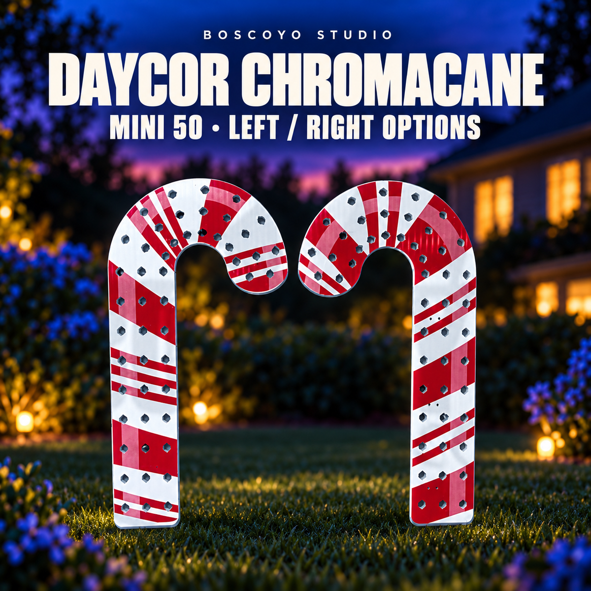 DayCor ChromaCane Mini 50 left and right printed coro options, unlit with empty pixel holes
