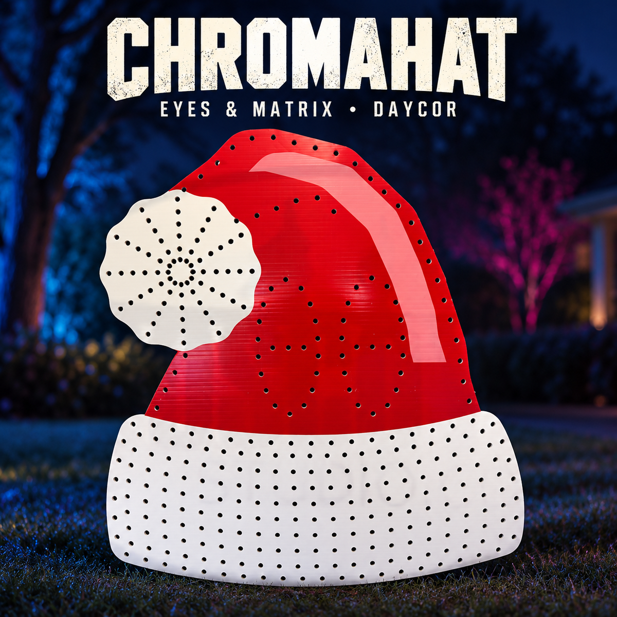 Boscoyo DayCor ChromaHat with Eyes and Matrix, unlit red-and-white printed coro Santa hat with original empty pixel holes.