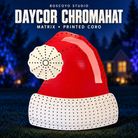 DayCor ChromaHat Matrix printed red and white coro prop with empty pixel holes, shown on a dark blue evening yard background.