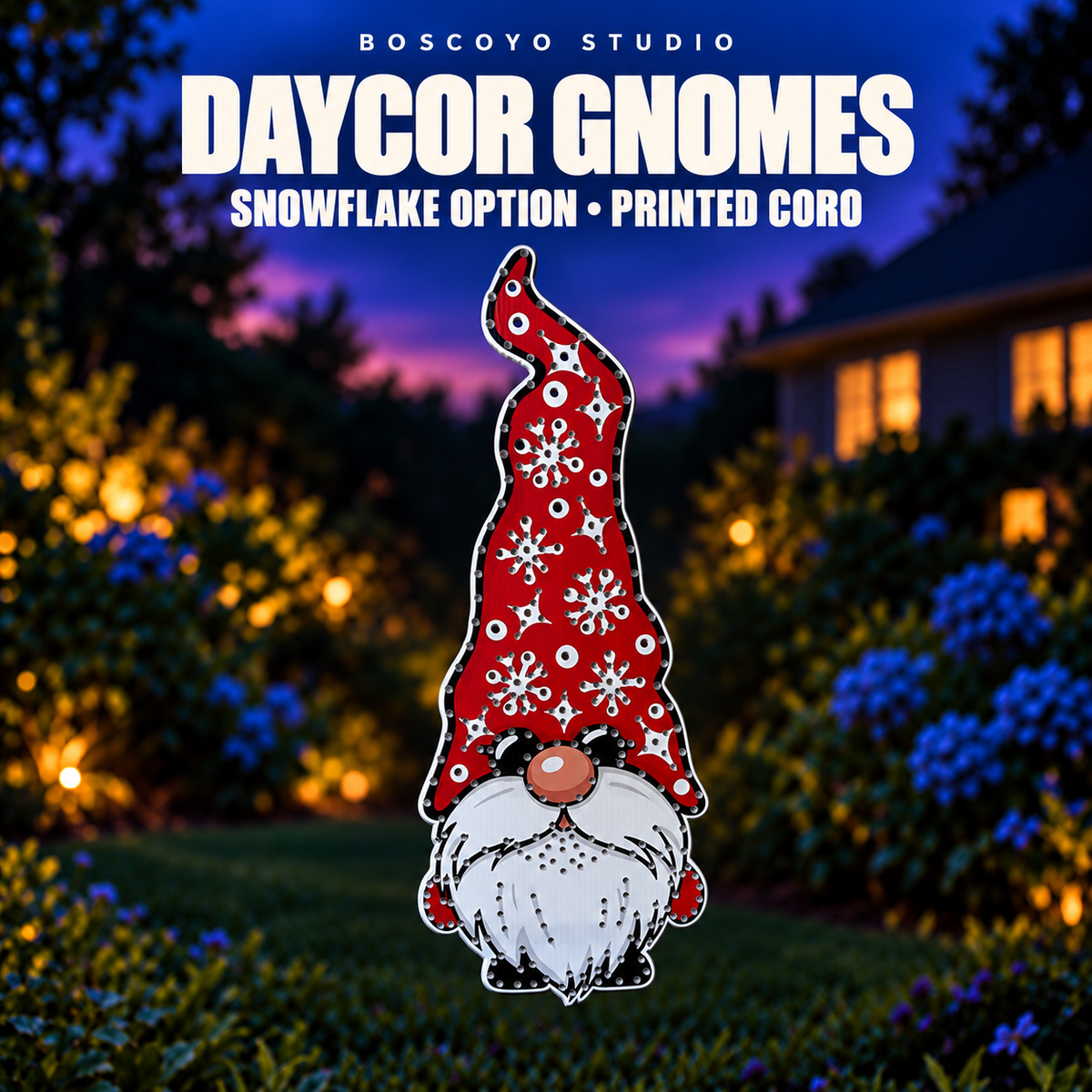 DayCor HiRes Gnomes printed coro prop, Snowflake option, unlit in an evening yard setting