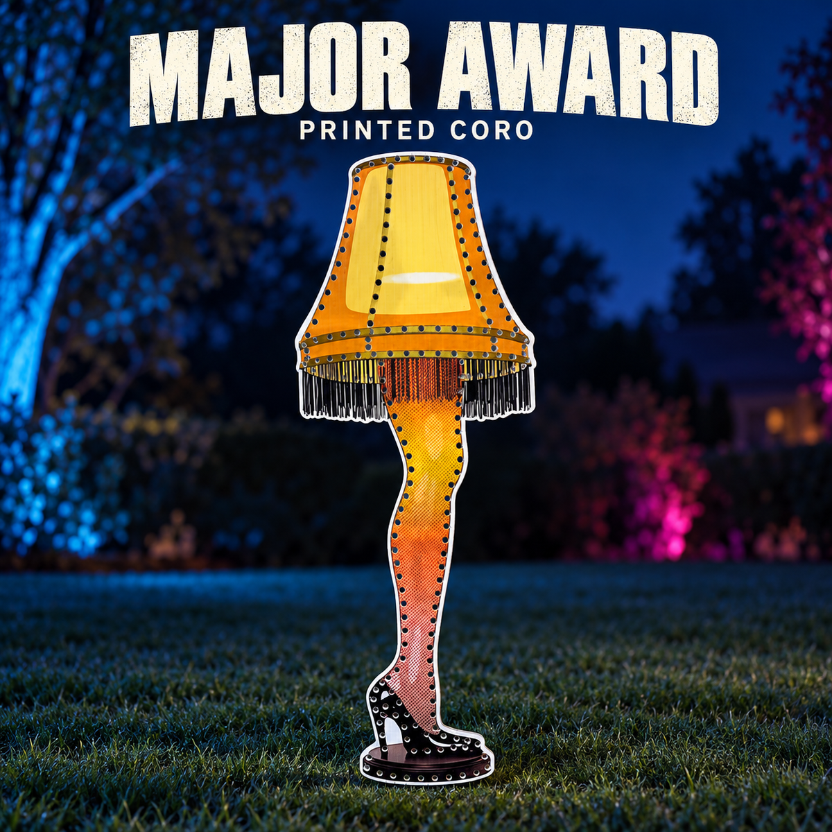 Boscoyo DayCor HiRes Major Award, unlit printed coro leg-lamp silhouette with yellow shade, fringe, stocking, black shoe and original empty pixel holes.