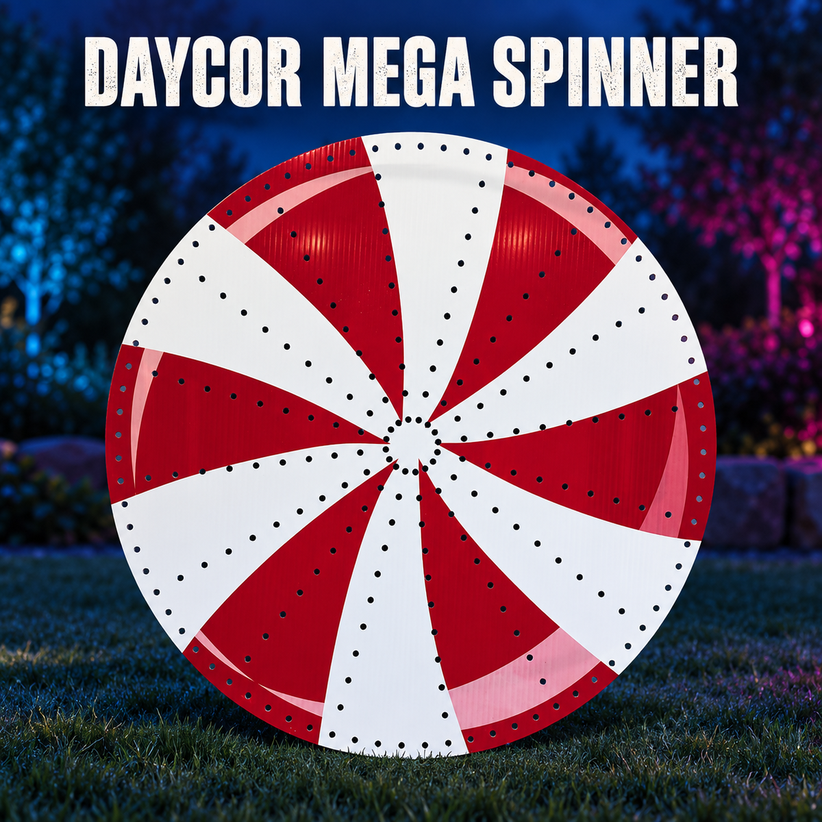 Boscoyo DayCor Mega Spinner, unlit red-and-white printed coro circle with original pinwheel sectors and empty pixel holes.