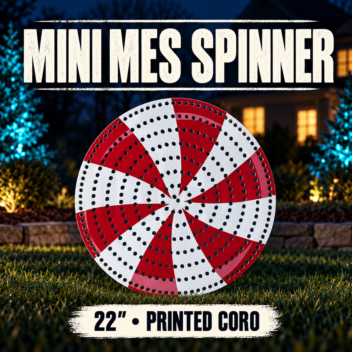 Boscoyo Mini Mes Spinner coro prop shown against a dark twilight backdrop; original product shape and perforations visible.