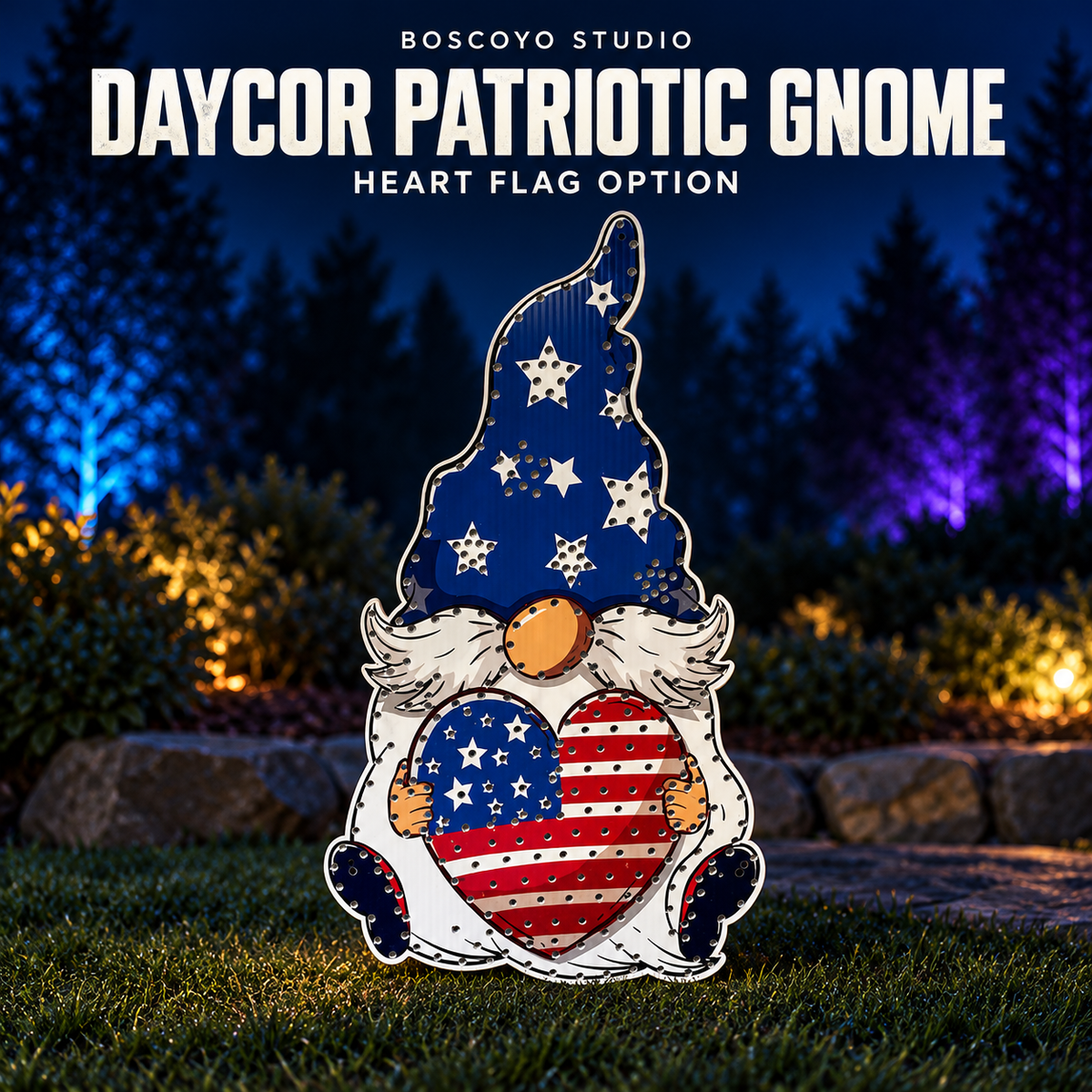 Boscoyo Studio DayCor HiRes America Patriotic Gnome, Heart Flag option, printed coro without installed pixels.