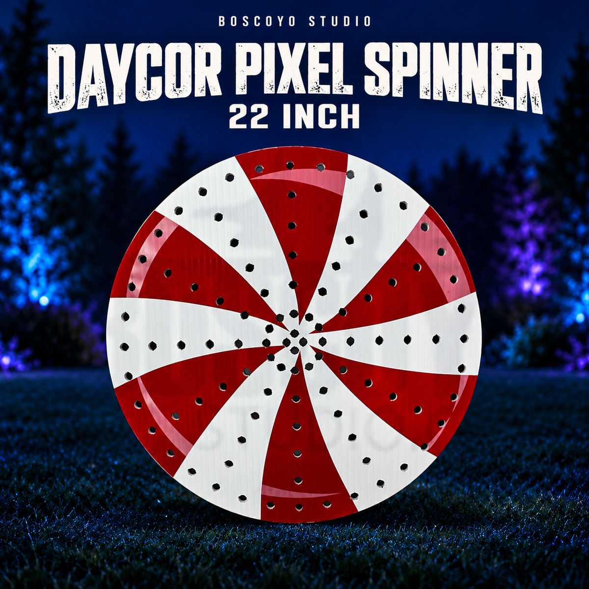 Boscoyo Studio DayCor Pixel Spinner with red and white pinwheel print and empty pixel mounting holes; 22-inch bare coro prop.
