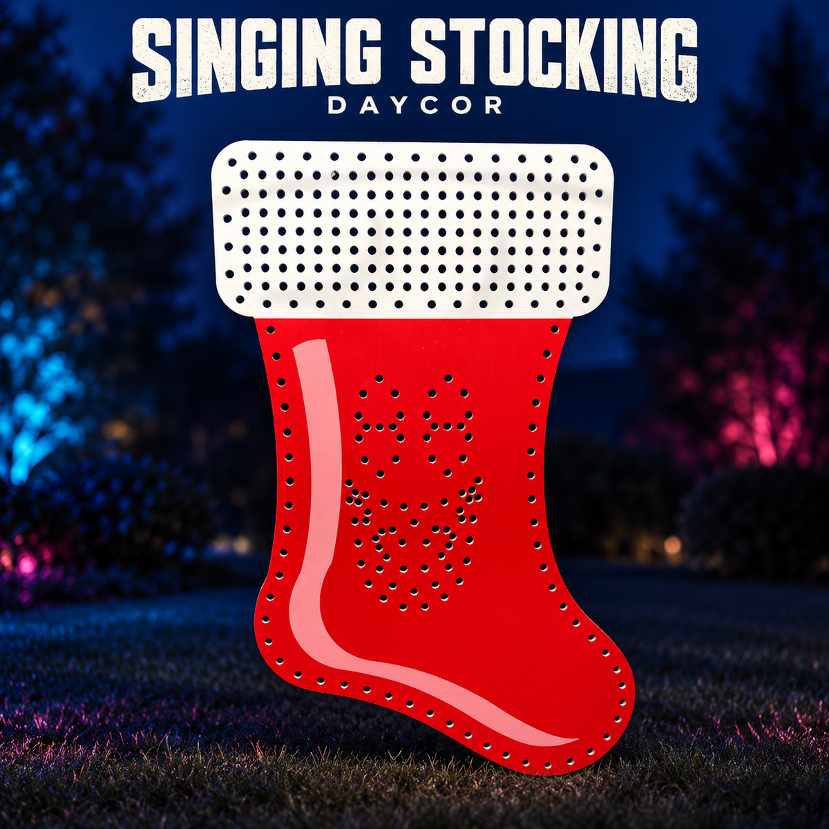 Boscoyo DayCor singing stocking, unlit red-and-white printed coro with its original cuff matrix and singing-face empty pixel holes.