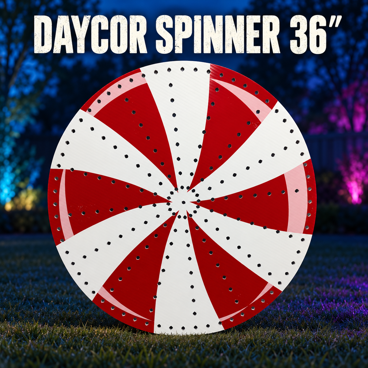 Boscoyo36-inch DayCor Spinner, unlit red-and-white printed coro circle with original pinwheel art and empty pixel holes.