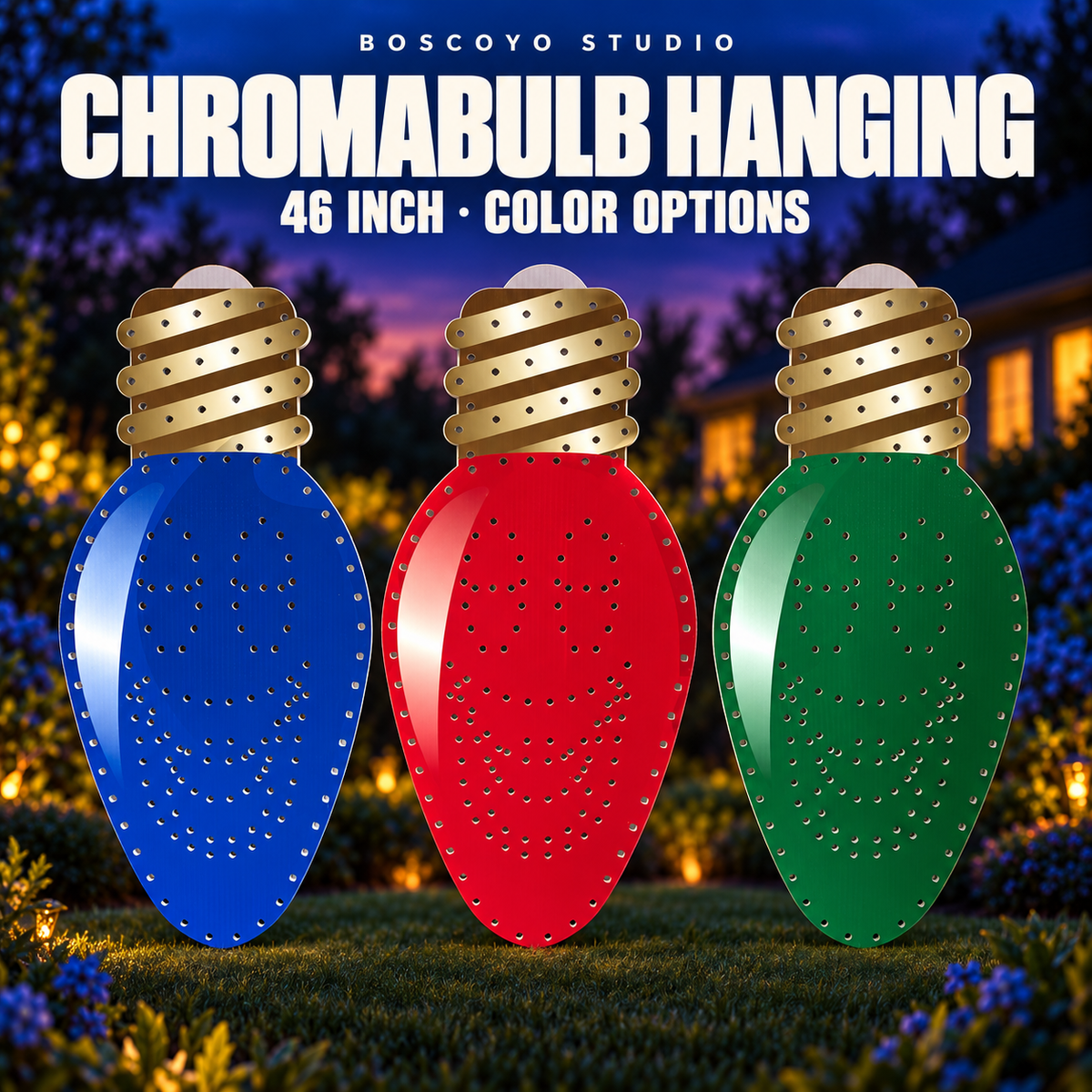 DayCor™ HiRes ChromaBulb 46" Hanging printed coro color options, unlit in an evening yard setting