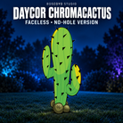 DayCor HiRes ChromaCactus faceless no-hole printed coro option, original green and yellow cactus artwork with olive base rocks, unlit on a dark blue evening yard.