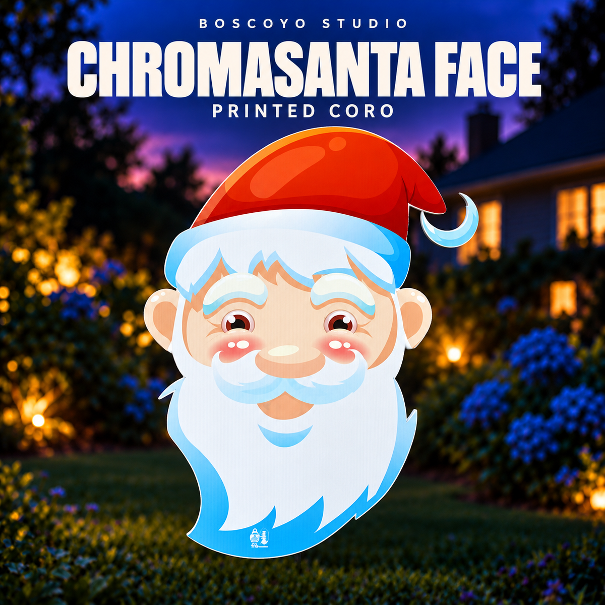 DayCor™ HiRes ChromaSanta Face printed coro prop, unlit in an evening yard setting