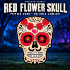 DayCor HiRes ChromaSkull 3 Red Flowers no-hole printed coro version, original flat cream, red, black and yellow artwork on a dark blue evening yard.