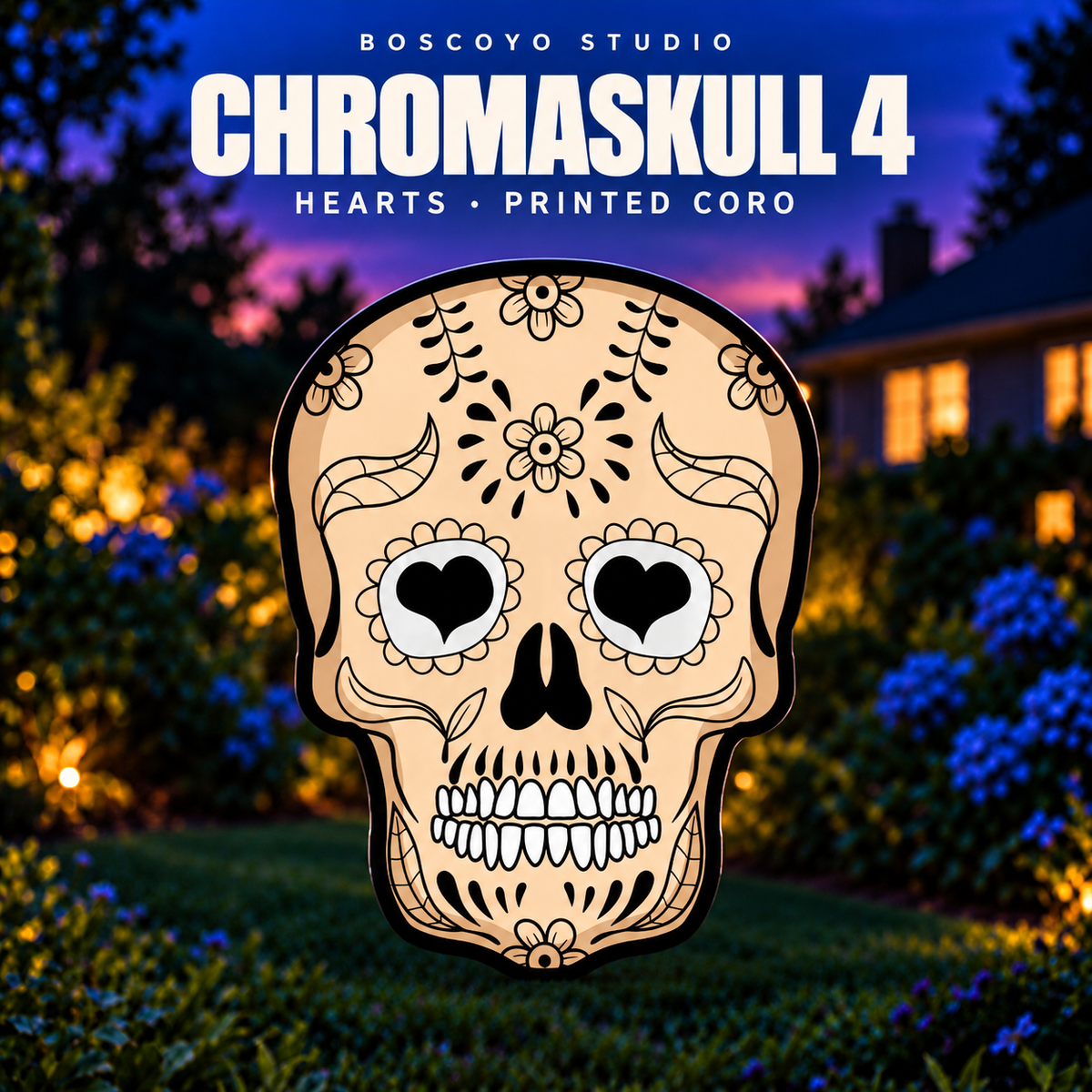 DayCor™ HiRes ChromaSkull 4 Hearts printed coro prop, unlit in an evening yard setting