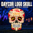 DayCor HiRes ChromaSkull Logo no-hole printed coro version, showing the original printed logos and ornamental skull artwork on a dark blue evening yard.