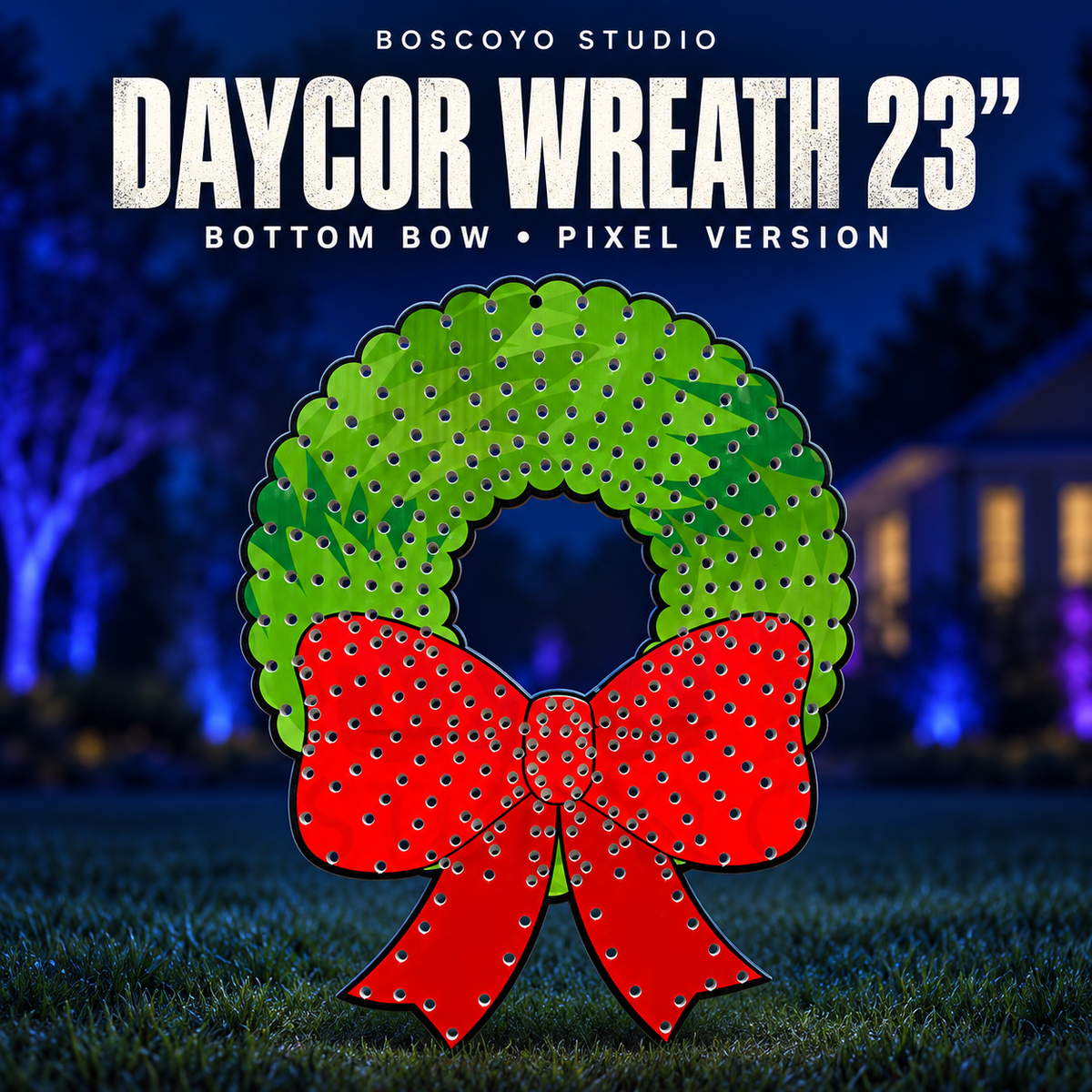 DayCor HiRes ChromaWreath Bottom Bow 23-inch pixel version, green and red printed coro with empty holes, on a dark blue evening yard background.