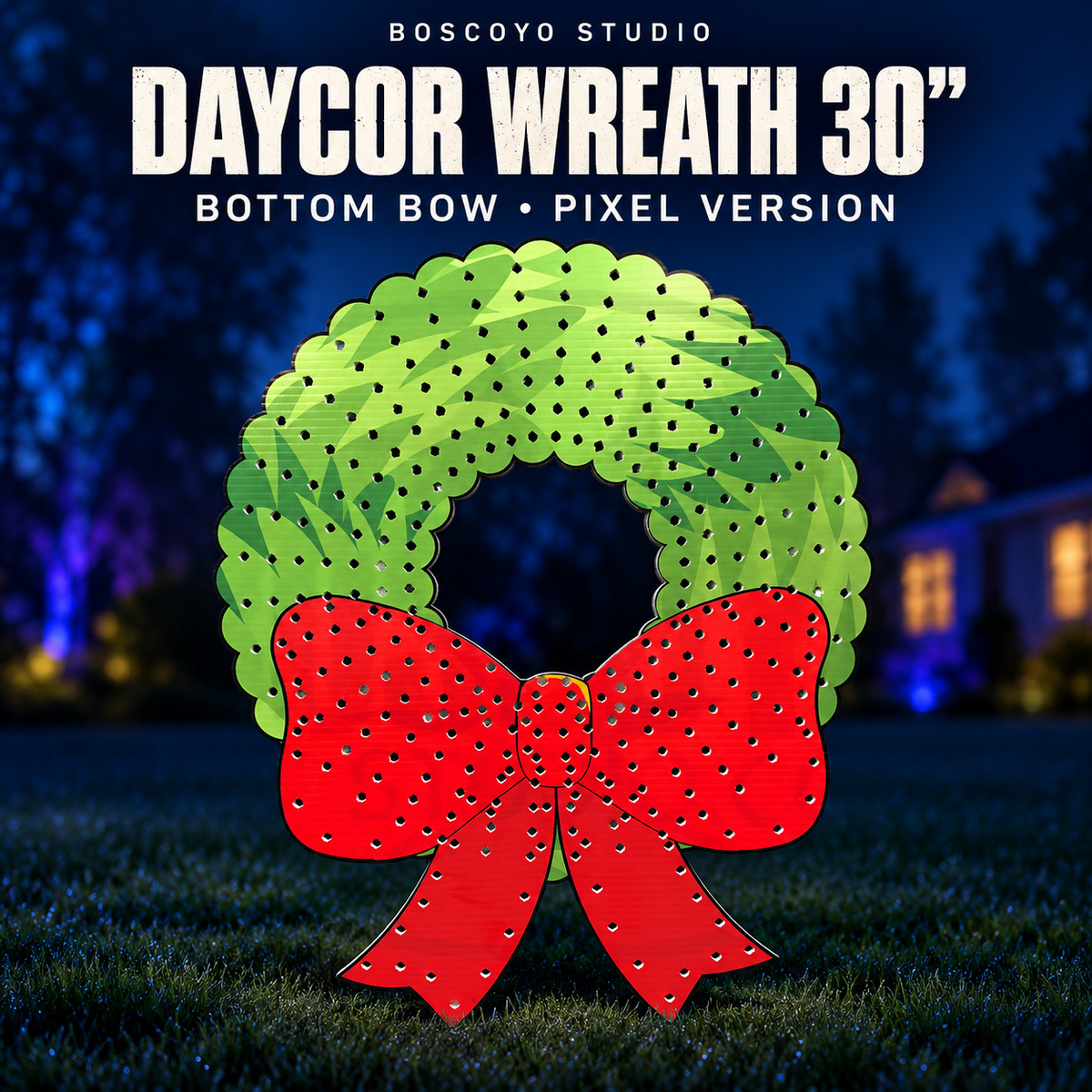 DayCor HiRes ChromaWreath Bottom Bow 30-inch pixel version, green and red printed coro with empty holes, on a dark blue evening yard.