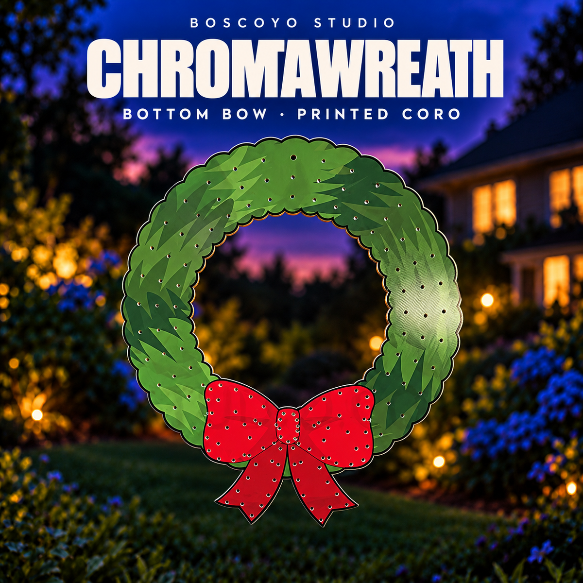DayCor™ HiRes ChromaWreath Bottom Bow 48" printed coro prop, unlit in an evening yard setting