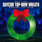 DayCor HiRes ChromaWreath Top Bow printed coro pixel version, green wreath and red bow with empty holes, unlit on a dark blue evening yard.