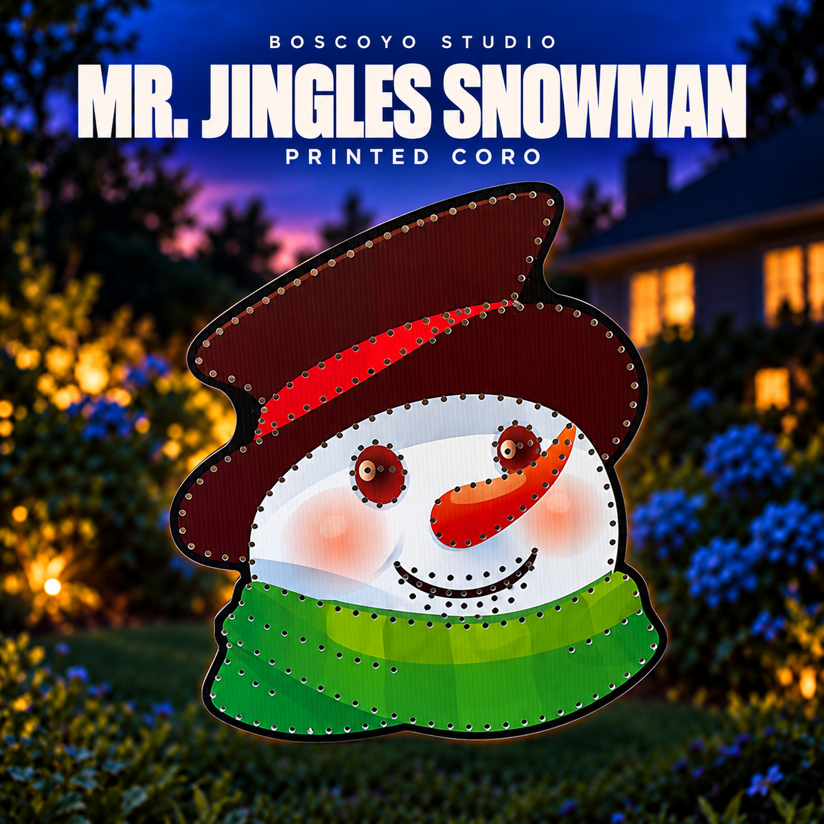 DayCor® HiRes Mr. Jingles Snowman printed coro prop, unlit in an evening yard setting