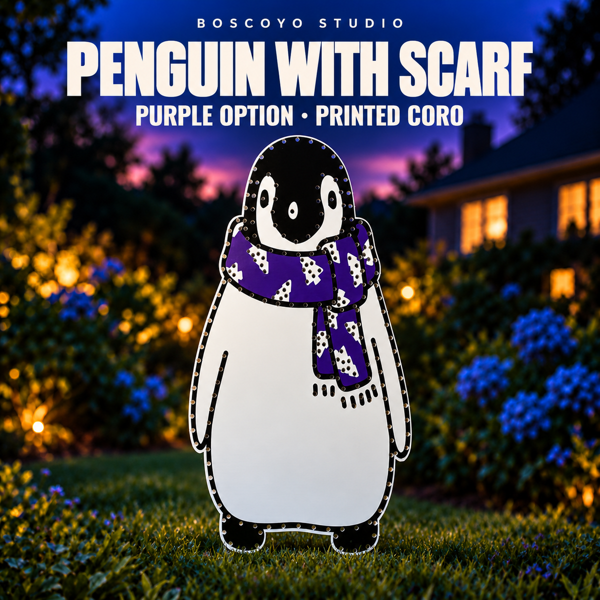 DayCor® HiRes Penguin with Scarf printed coro purple option, unlit in an evening yard setting