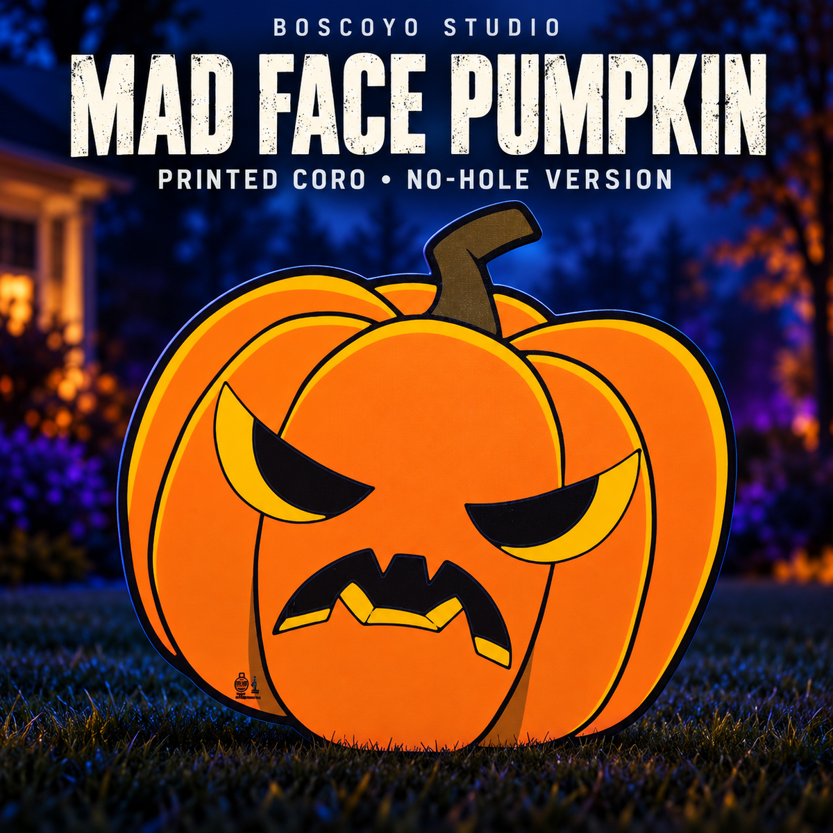 DayCorO HiRes Pumpkin 4 Mad Face, the flat printed no-hole version in orange with black and yellow face, on a dark blue evening yard background.