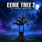 Boscoyo Eerie Tree 2 left version in black coro, unlit with empty pixel holes and rectangular face opening, on a dark blue evening yard.