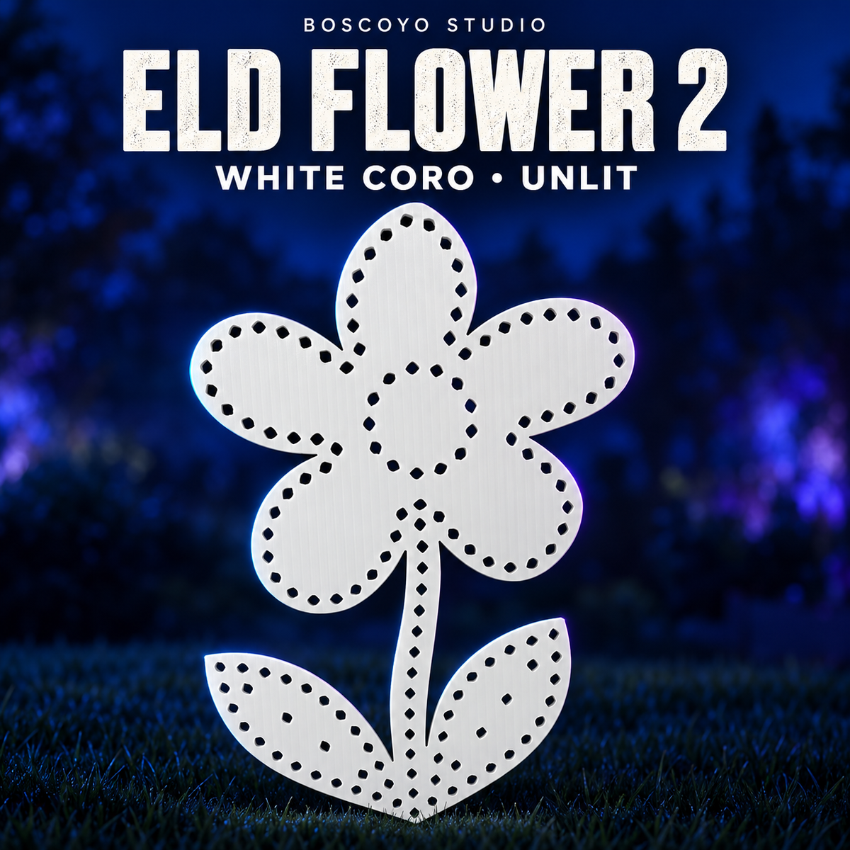 Boscoyo ELD Flower2 white coro prop with five petals, stem, two leaves and empty pixel holes, unlit on a dark blue evening yard.