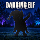 Boscoyo Elf Dabbing in black coro, assembled flat silhouette with empty pixel holes, unlit on a dark blue evening yard.