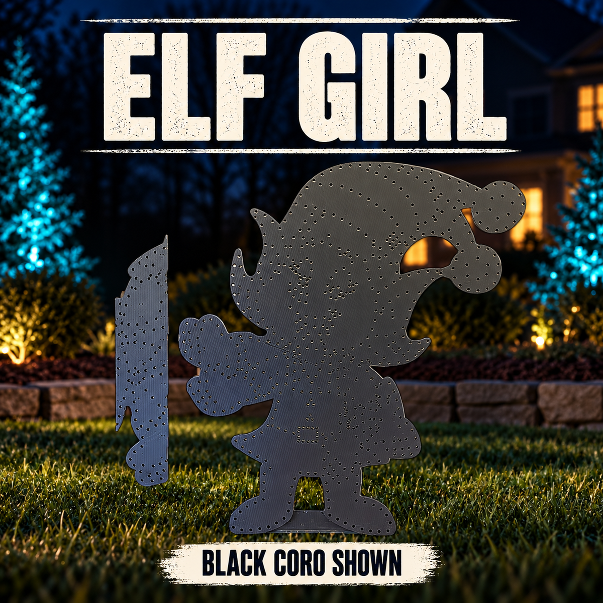 Boscoyo Elf Girl coro prop shown against a dark twilight backdrop; original product shape and perforations visible.