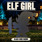 Boscoyo Elf Girl coro prop shown against a dark twilight backdrop; original product shape and perforations visible.