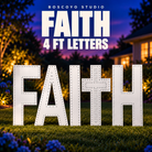 Faith four-foot white coro letter set with the cross-shaped T and original empty pixel holes.