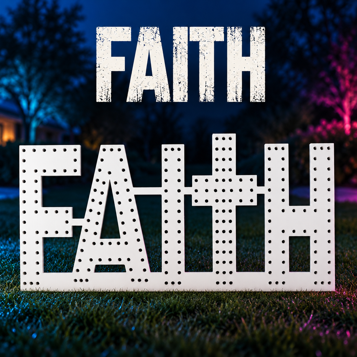 Boscoyo Faith white coro sign, connected lettering and cross-shaped T with original empty pixel holes.