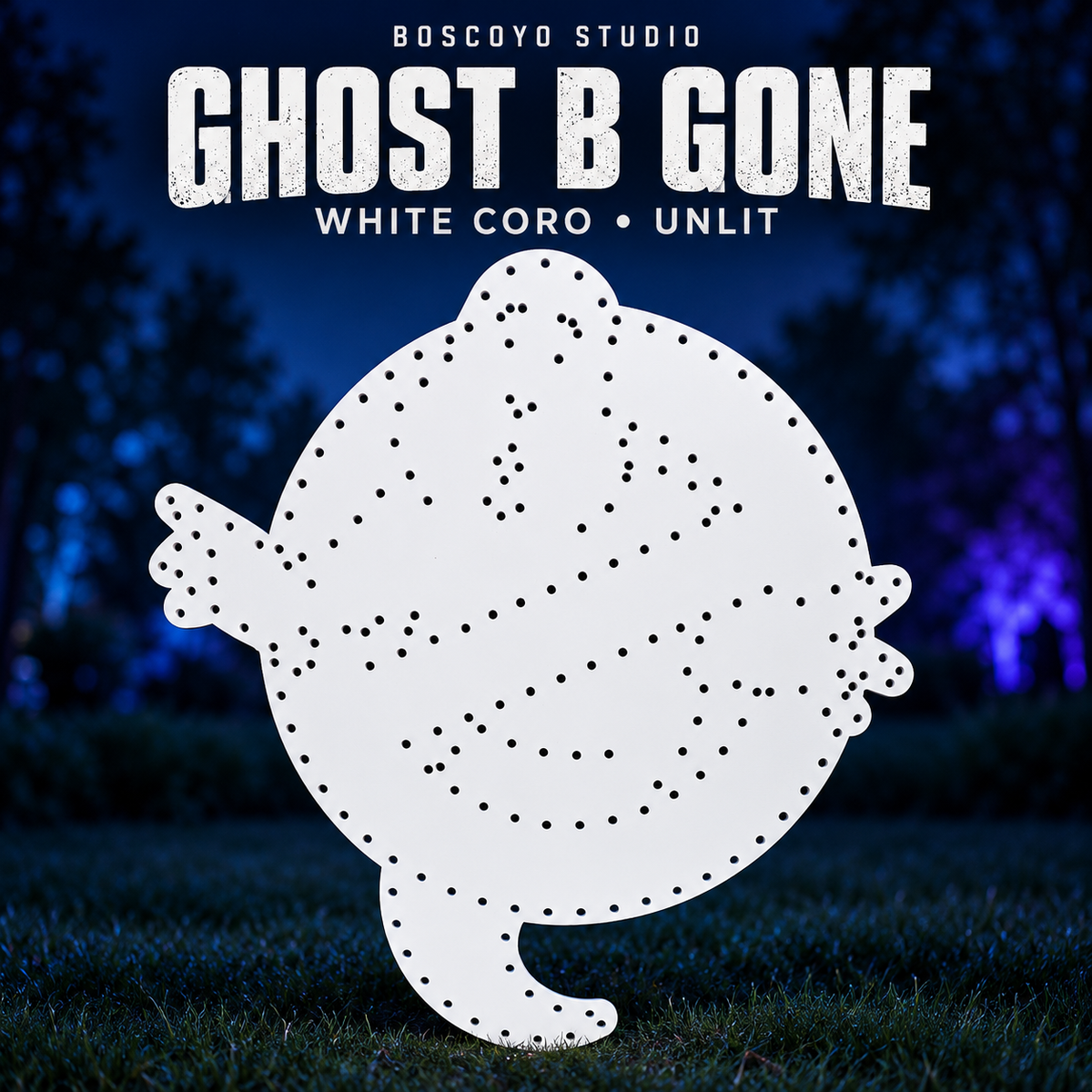Boscoyo Ghost B Gone white coro prop with original ghost silhouette and empty pixel holes, unlit on a dark blue evening yard.