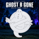 Boscoyo Ghost B Gone white coro prop with original ghost silhouette and empty pixel holes, unlit on a dark blue evening yard.