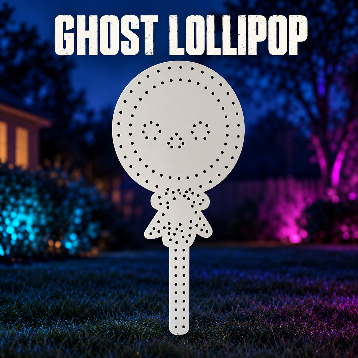 Boscoyo Ghost Lollipop white bare coro with circular ghost head, tied-wrapper shape, stick and original empty pixel holes.