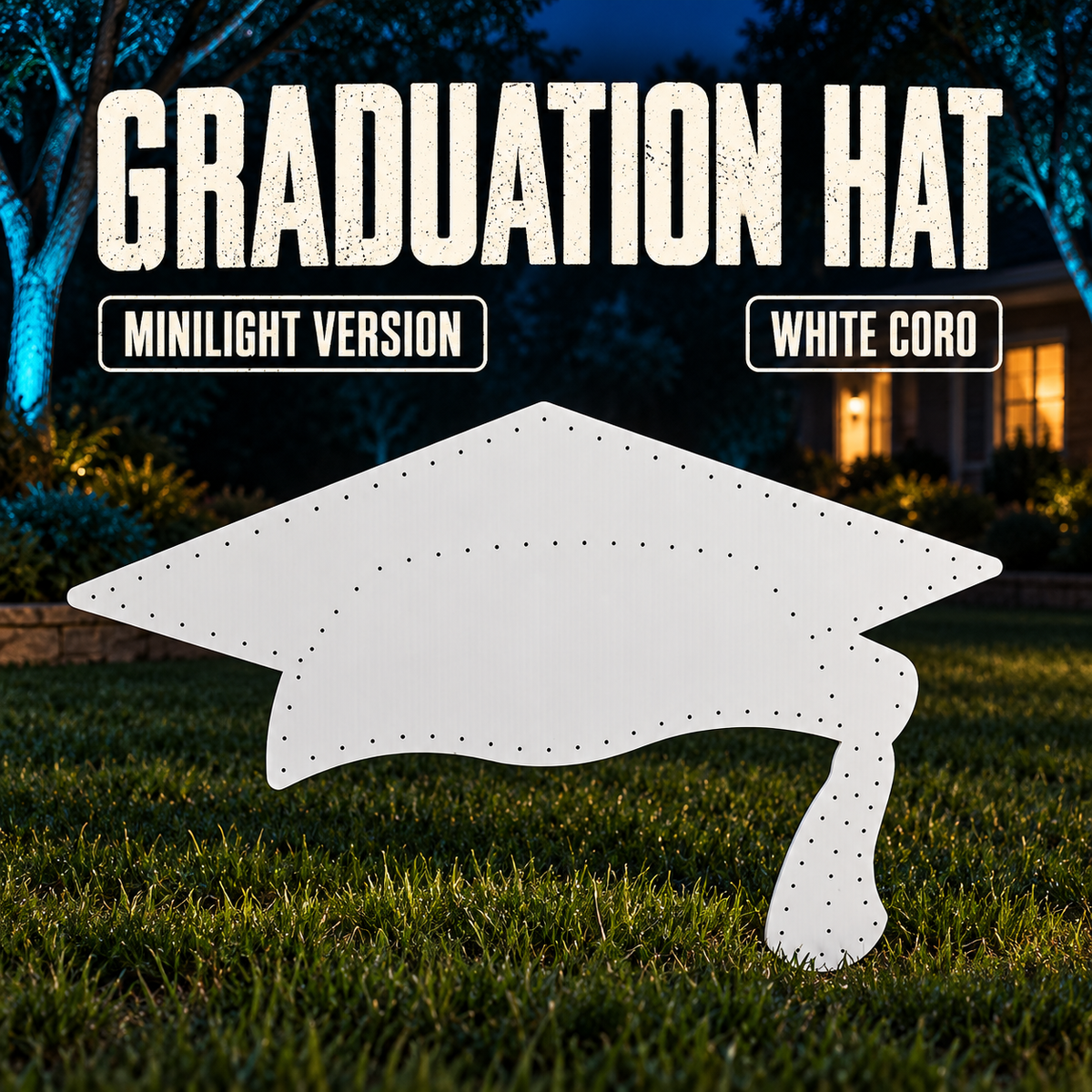 GRADUATION HAT by Boscoyo Studio, exact unlit coro product shown in a blue-lit evening yard