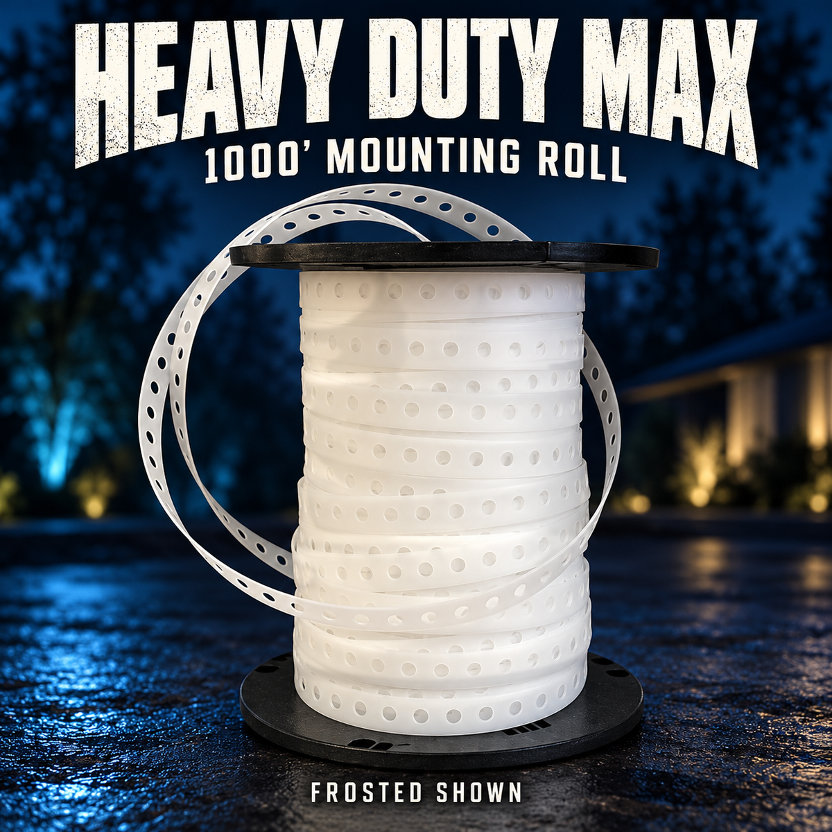 Boscoyo Heavy Duty Max 1000-foot MegaTree mounting roll; one frosted strip roll on its original black reel shown.