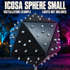 Boscoyo ICOSA Sphere Small in black coro, exact installation example with unpowered pixel LEDs; lights are not included.